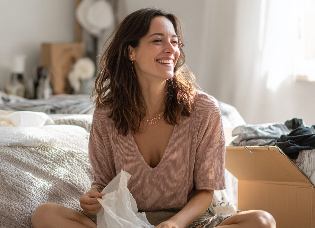 Smiling woman with shoulder-length brown hair sitting cross-legged on a bed holding white tissue paper, with an open cardboard box filled with clothes beside her in a softly lit room.