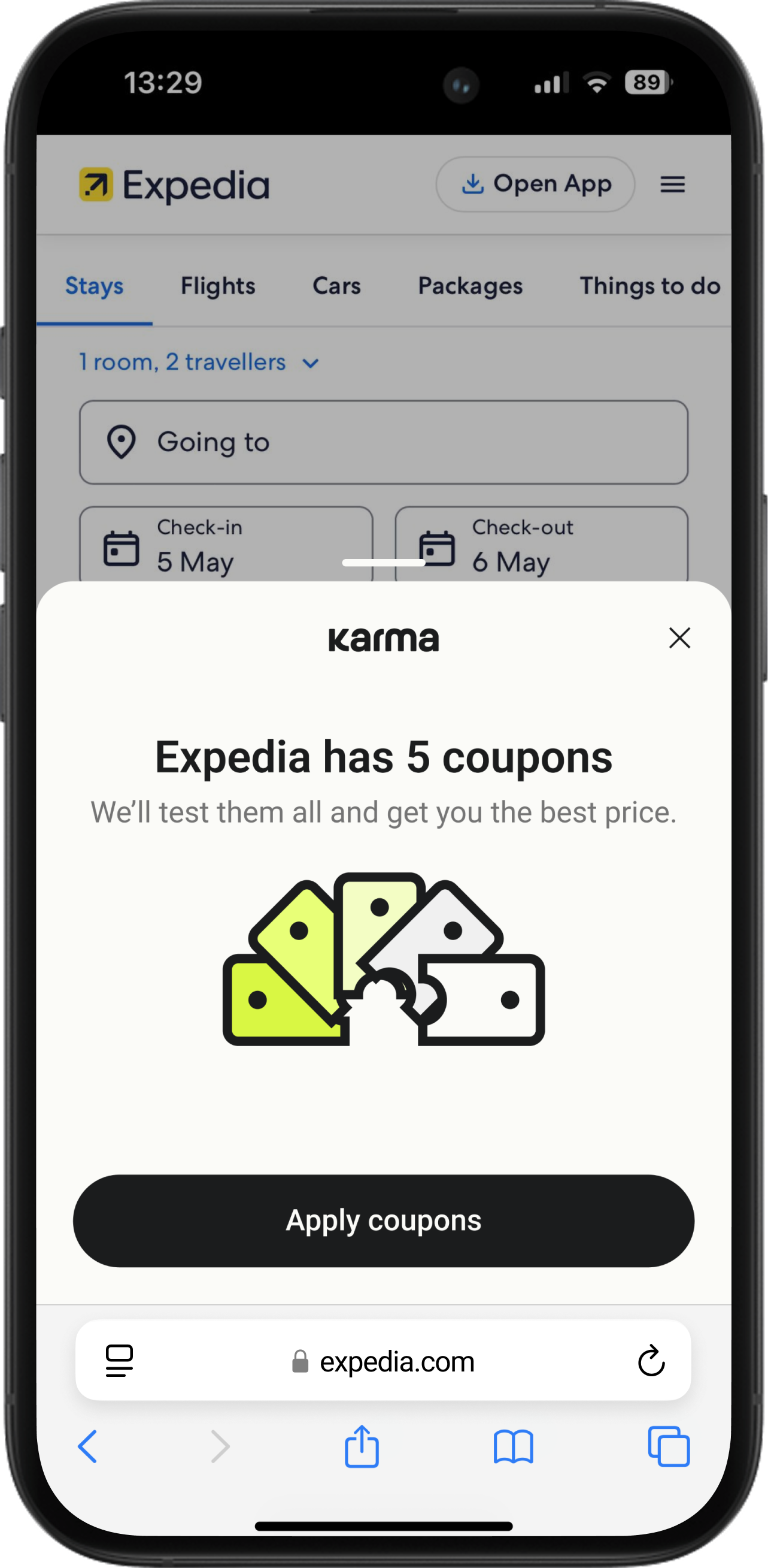 Smartphone screen showing an Expedia website popup from Karma stating Expedia has 5 coupons with a button to apply coupons, partially covering the Expedia booking form.