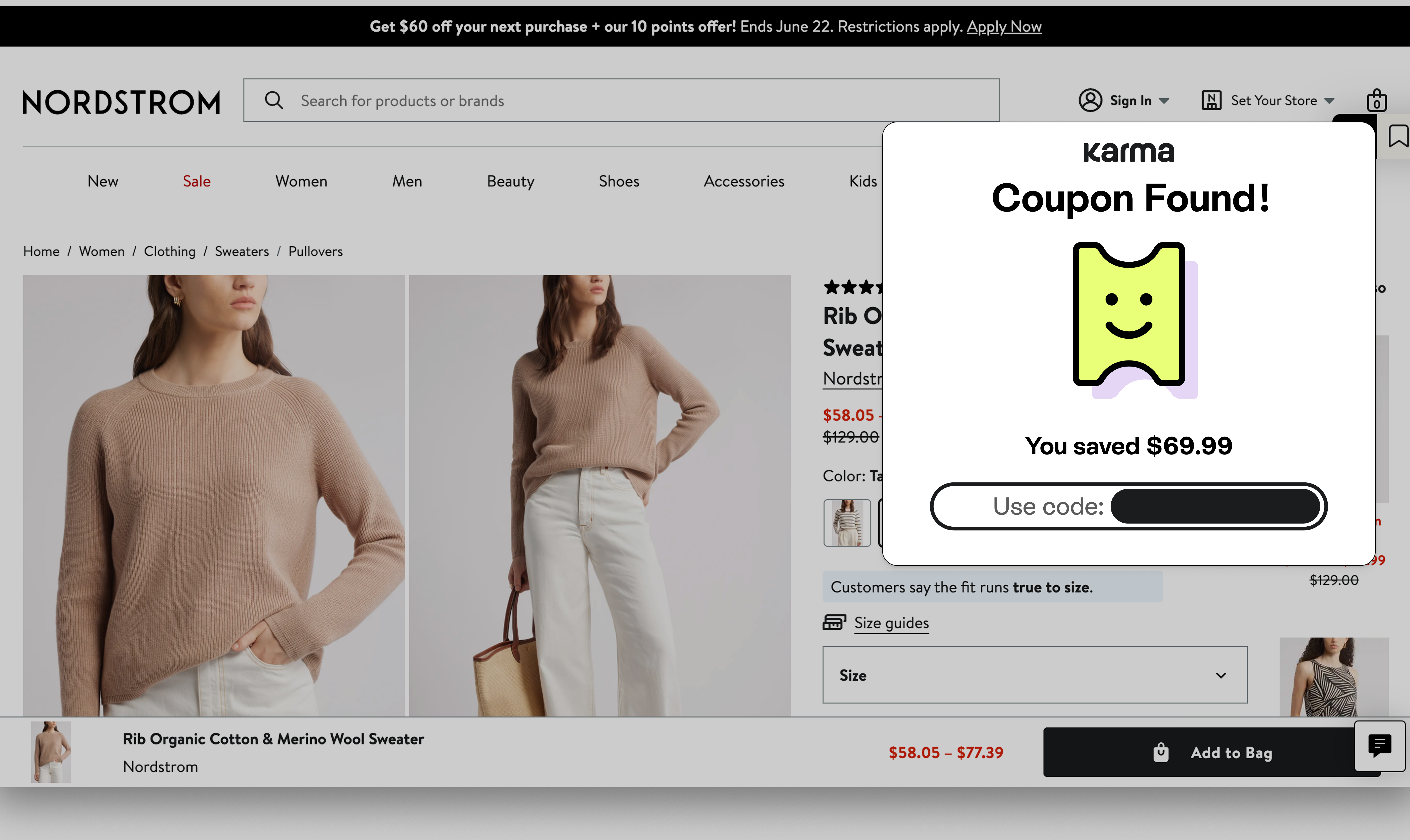 Online shopping page showing a rib organic cotton and merino wool sweater worn by a woman in tan color paired with white pants, along with a pop-up coupon notification indicating a savings of $69.99.