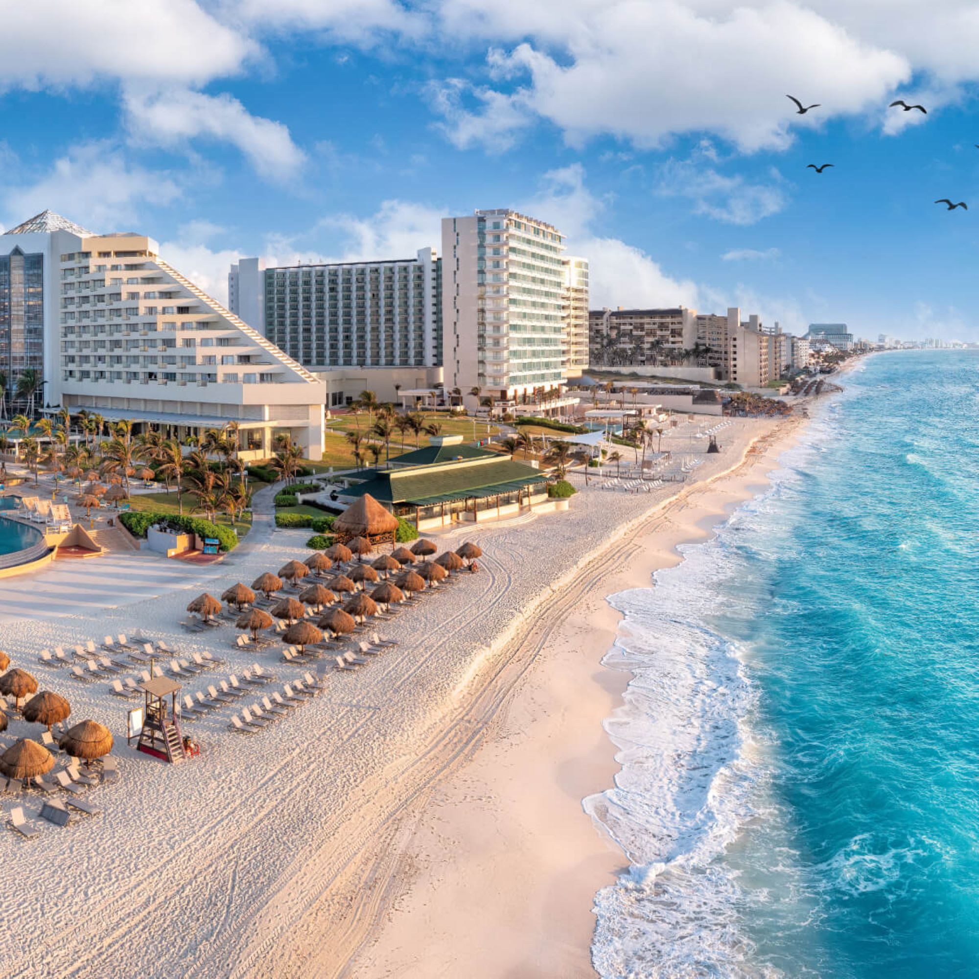A sunny beach with rows of empty lounge chairs and thatched umbrellas along the shore, large resort buildings in the background, turquoise ocean waves gently hitting the sand, and several birds flying in a partly cloudy sky.