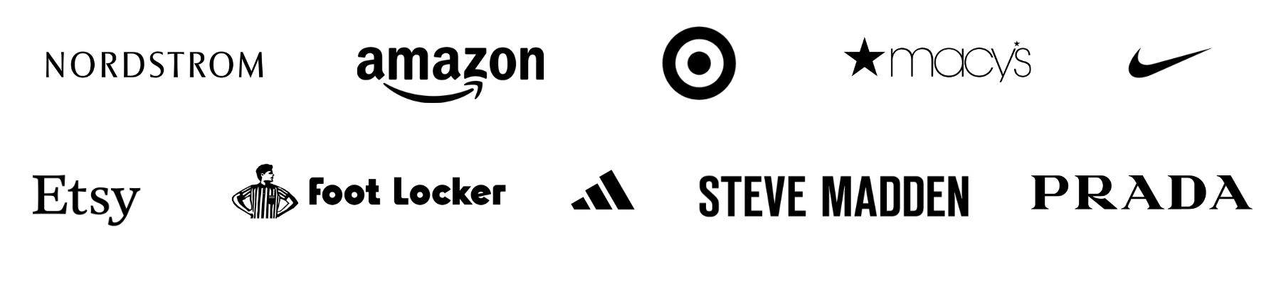 Row of black and white logos including Nordstrom, Amazon with a smile arrow, Target target symbol, Macy's star, Nike swoosh, Etsy text, Foot Locker with referee figure, Adidas three stripes, Steve Madden text, and Prada text on white background.