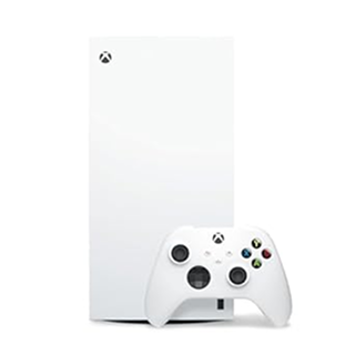 White Xbox Series S console with a matching white wireless controller in front, featuring black and colored buttons