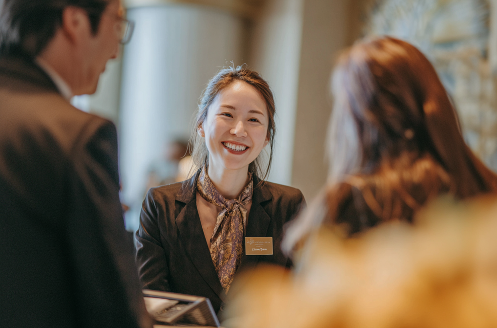 Smiling female hotel or customer service employee wearing a name tag and scarf, interacting with two blurred customers in a professional indoor setting