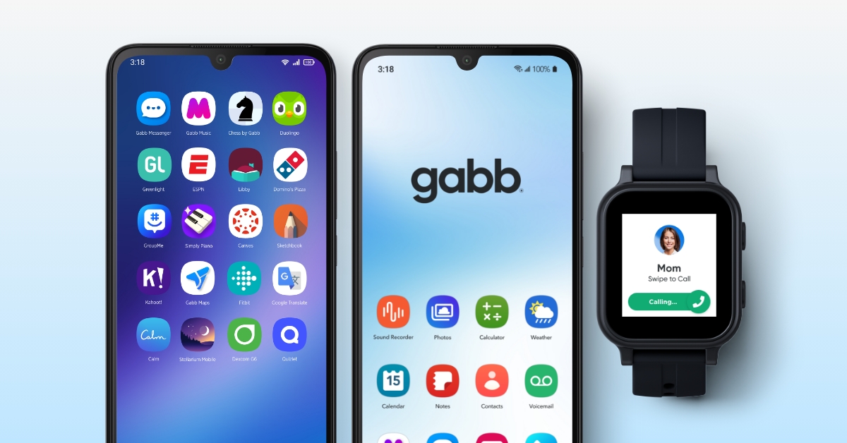 Two smartphones with Gabb apps displayed on their screens and a smartwatch showing an incoming call from Mom with swipe-to-call interface.