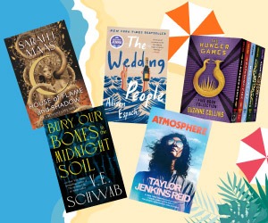 Seven book covers arranged against a background with sand, water, and beach umbrellas, featuring titles: House of Flame and Shadow, The Wedding Planner, The Hunger Games series box, Bury Our Bones in the Midnight Soil, and Atmosphere by Taylor Jenkins Reid.