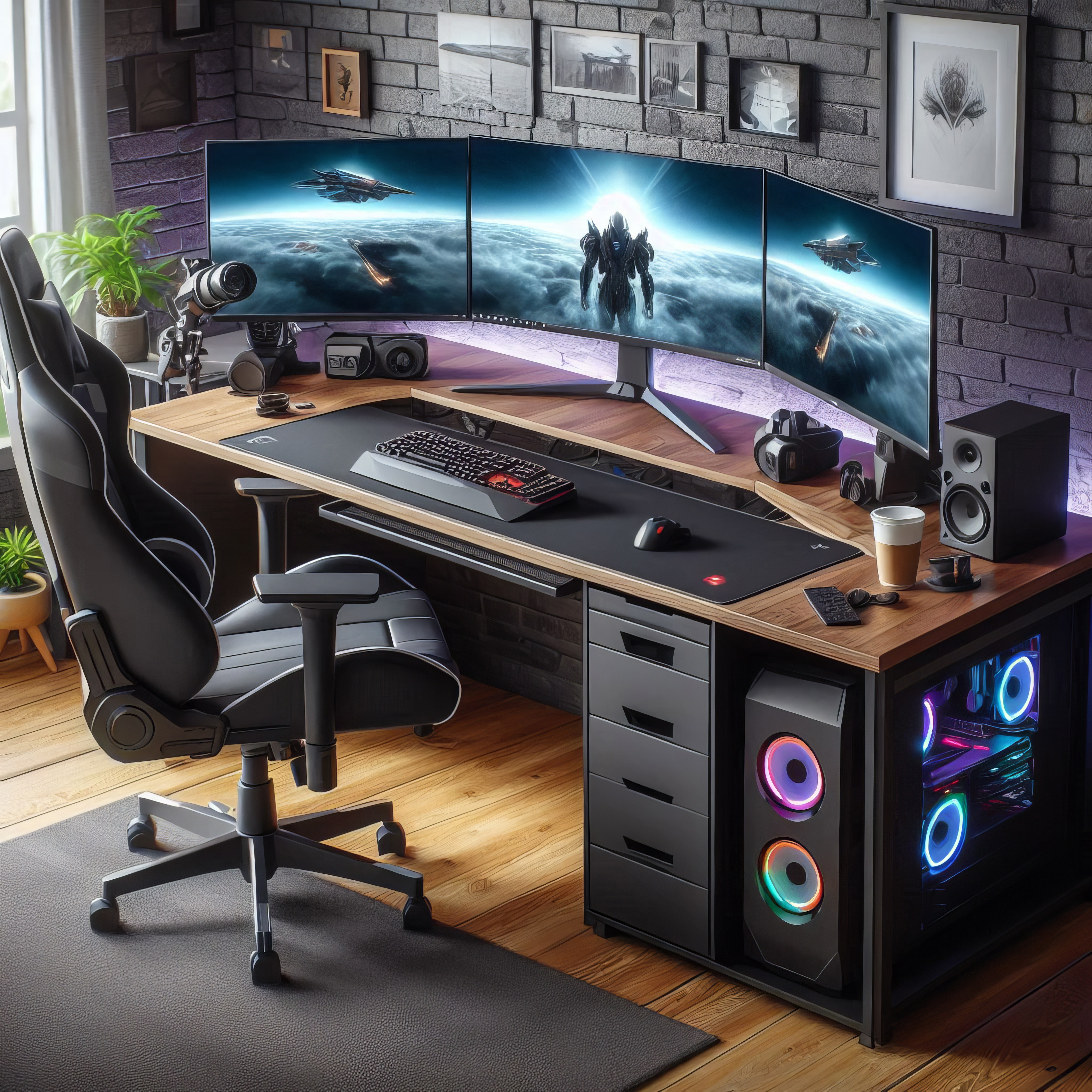 Modern gaming setup featuring a triple curved monitor display showing a futuristic sci-fi scene above a wooden desk with a mechanical keyboard, mouse, VR headset, and large desktop speakers, complemented by a high-back ergonomic gaming chair on a hardwood floor next to potted plants and artwork on a brick wall.