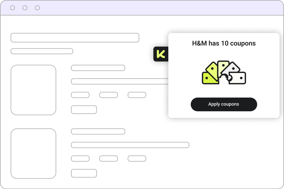 Browser window displaying a popup that informs the user H&M has 10 coupons available, with an icon representing coupons and a button labeled Apply coupons.