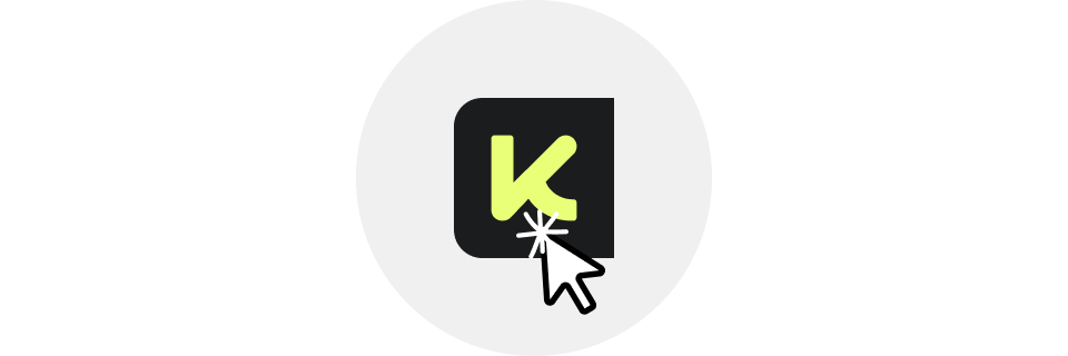 Cursor clicking on a green lowercase 'k' icon inside a rounded black square against a light gray circular background