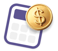 Calculator icon with a gold coin featuring a dollar sign overlapping the top right corner