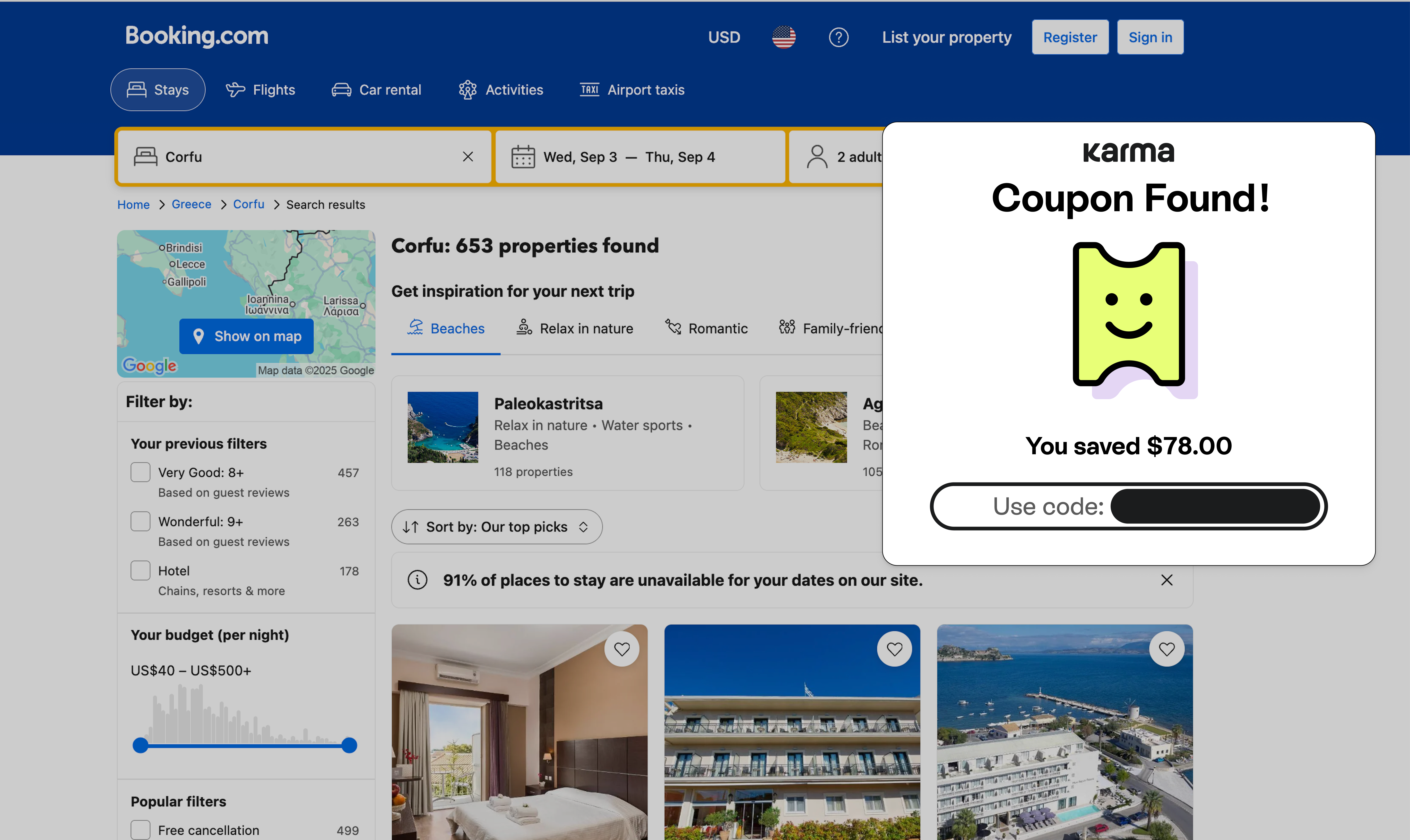 Booking.com search results page for Corfu showing 653 properties found with a filter for stays from September 3 to September 4 for 2 adults; a pop-up coupon from Karma indicates a savings of $78.00 with a use code field.