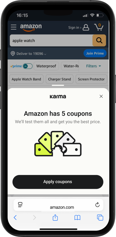 Smartphone screen showing an Amazon search for 'apple watch' with a pop-up from Karma indicating Amazon has 5 coupons available and a button to apply coupons.