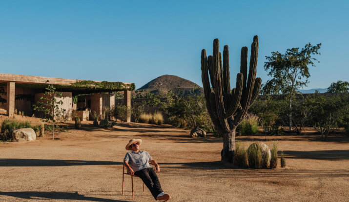Person wearing a hat sitting relaxed on a chair outdoors in a desert-like landscape with a large cactus, sparse greenery, and clear blue sky during daytime.