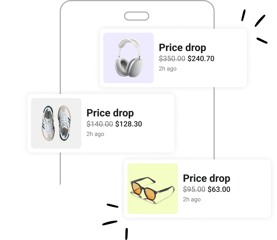Smartphone screen showing three notifications of price drops for products: silver wireless headphones reduced from $350.00 to $240.70, pair of white and green sneakers reduced from $140.00 to $128.30, and black sunglasses with orange lenses reduced from $95.00 to $63.00, each marked as 2 hours ago.