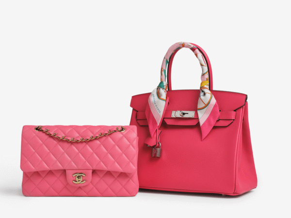Two pink luxury handbags on a white surface, one quilted Chanel flap bag with a gold chain strap and the other a Hermès Birkin with a colorful silk scarf wrapped around the handle and a silver lock detail