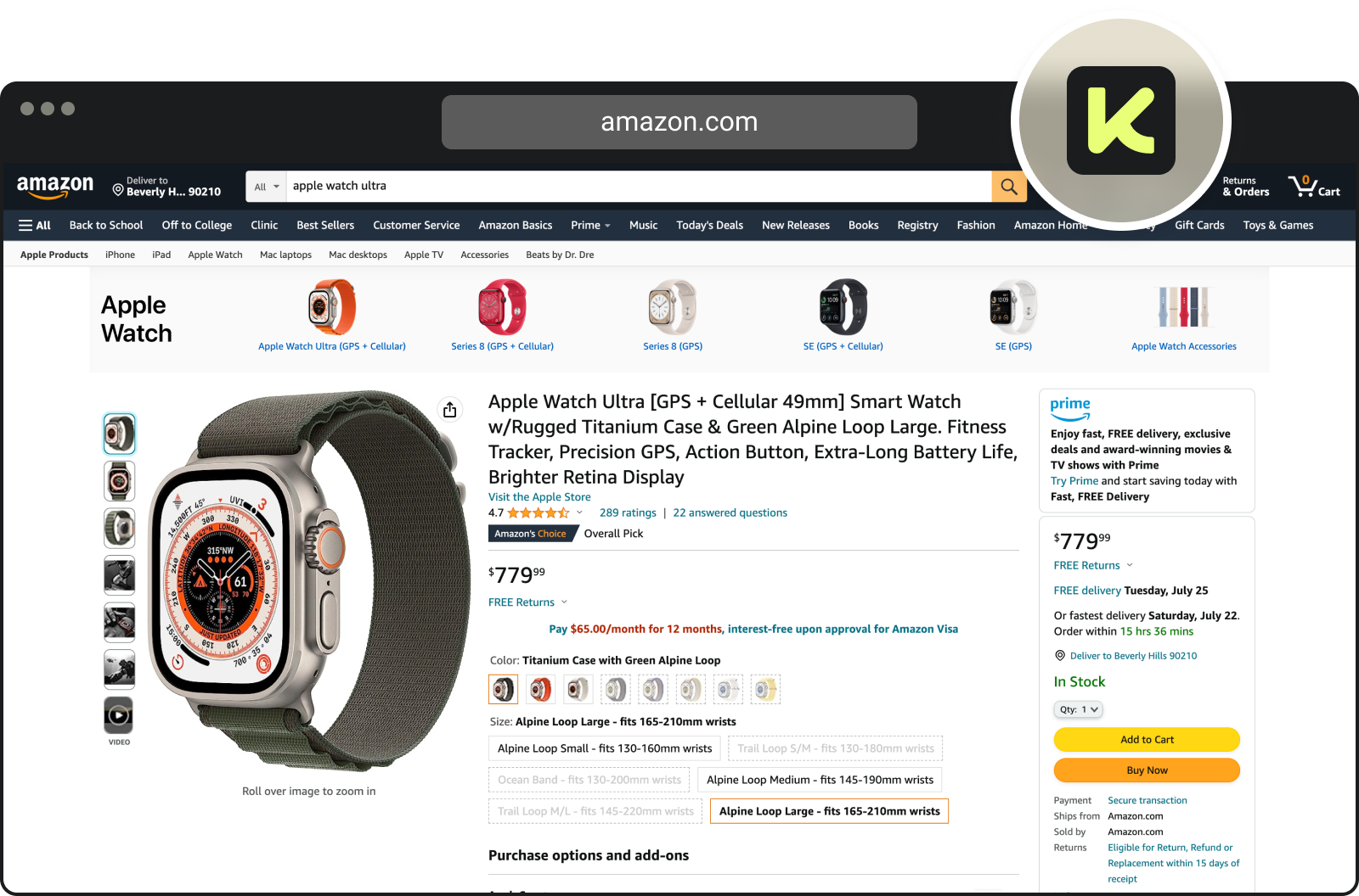 Amazon product page displaying Apple Watch Ultra with rugged titanium case and green alpine loop, showing price $779.99, customer ratings, financing options, size selections, and purchase buttons.