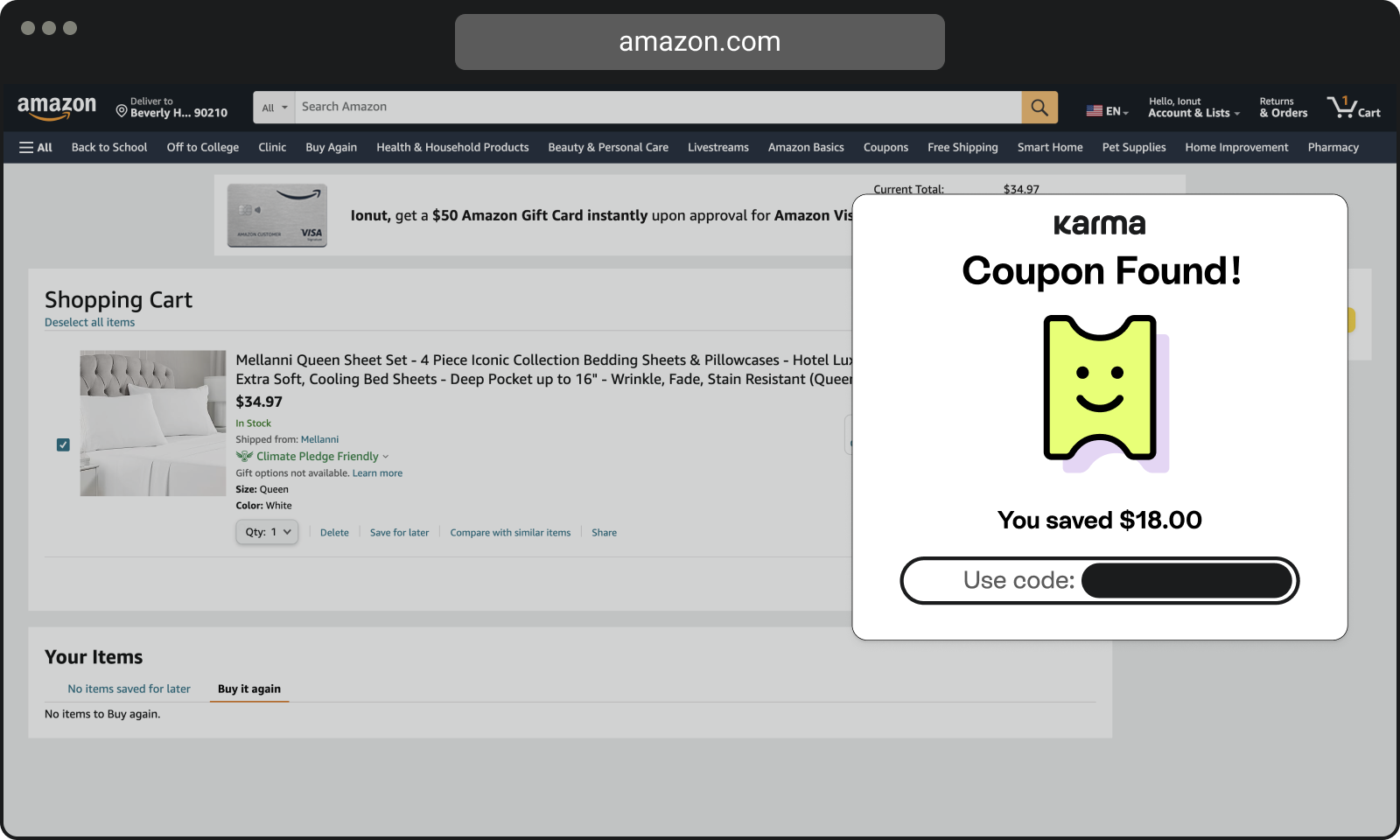Amazon shopping cart page showing a Mellanni Queen Sheet Set priced at $34.97 with a popup from Karma coupon service indicating a coupon found with a saving of $18.00 and a field to enter a coupon code.