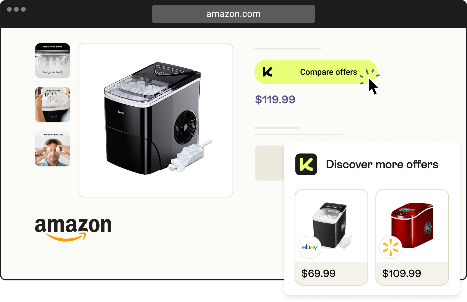 Amazon product page showing a black Silonn ice maker with ice cubes and a scoop, priced at $119.99, with a highlighted button to compare offers, and a pop-up displaying alternative offers from eBay for $69.99 and Walmart for $109.99 with images of the same or similar ice makers.
