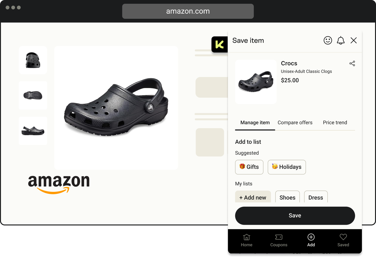 Amazon product page displaying black Crocs unisex adult classic clogs priced at $25 with options to save the item, add to lists like Gifts or Holidays, and navigation icons for Home, Coupons, Add, and Saved at the bottom.
