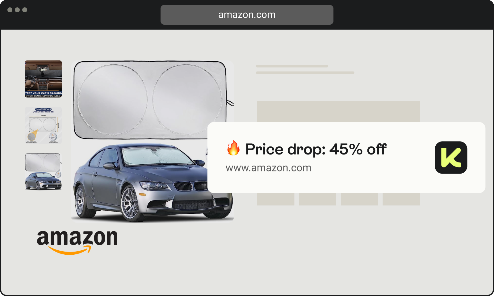 Amazon product listing showing a car windshield sunshade with two reflective silver circles, displayed alongside a silver-gray sports car and smaller product detail images, featuring a banner advertising a 45% price drop on amazon.com.