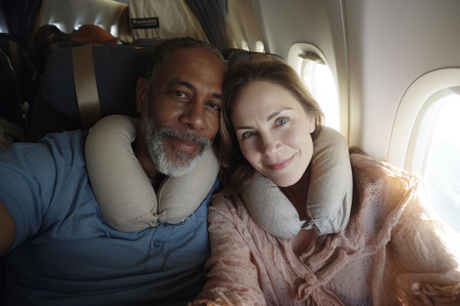 Smiling middle-aged couple wearing neck pillows seated together on an airplane near a window with sunlight streaming in.