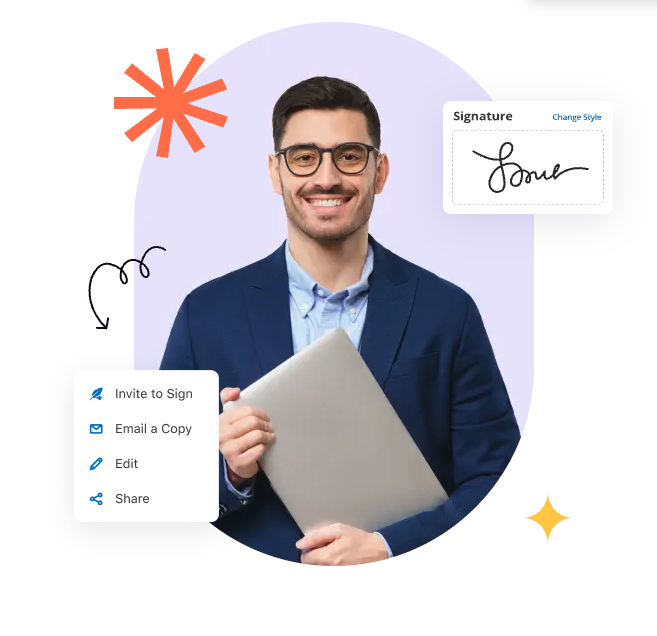 Smiling man in glasses and a blue blazer holding a laptop, with icons representing signing options and a stylized signature graphic in the background