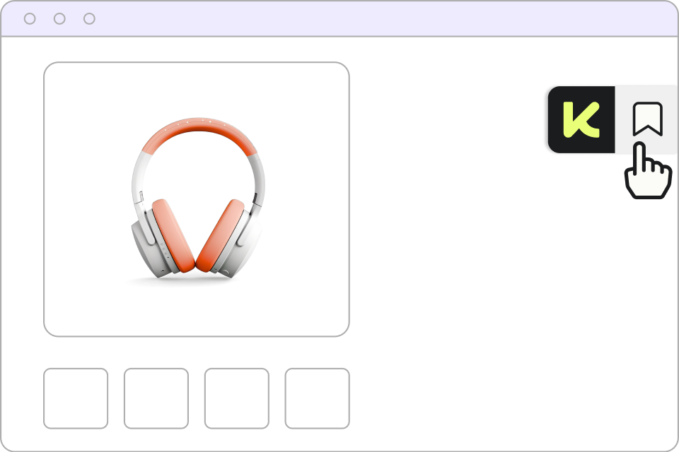Webpage displaying a pair of over-ear headphones with a white and orange color scheme, alongside icons for a bookmark feature and a hand cursor clicking the bookmark icon.
