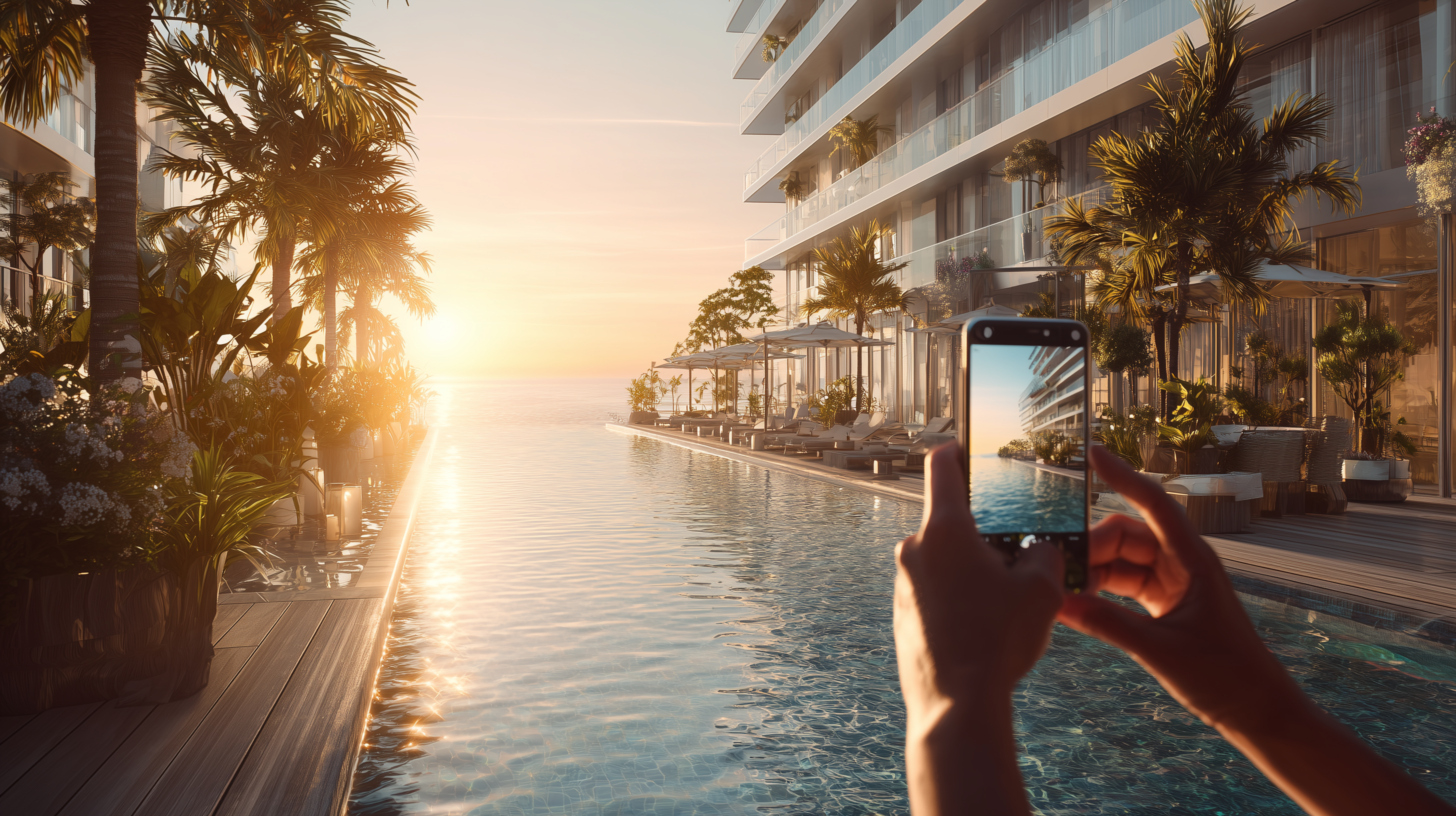 Person taking a photo of a modern infinity pool at sunset with palm trees and lounge chairs alongside a glass-fronted building.