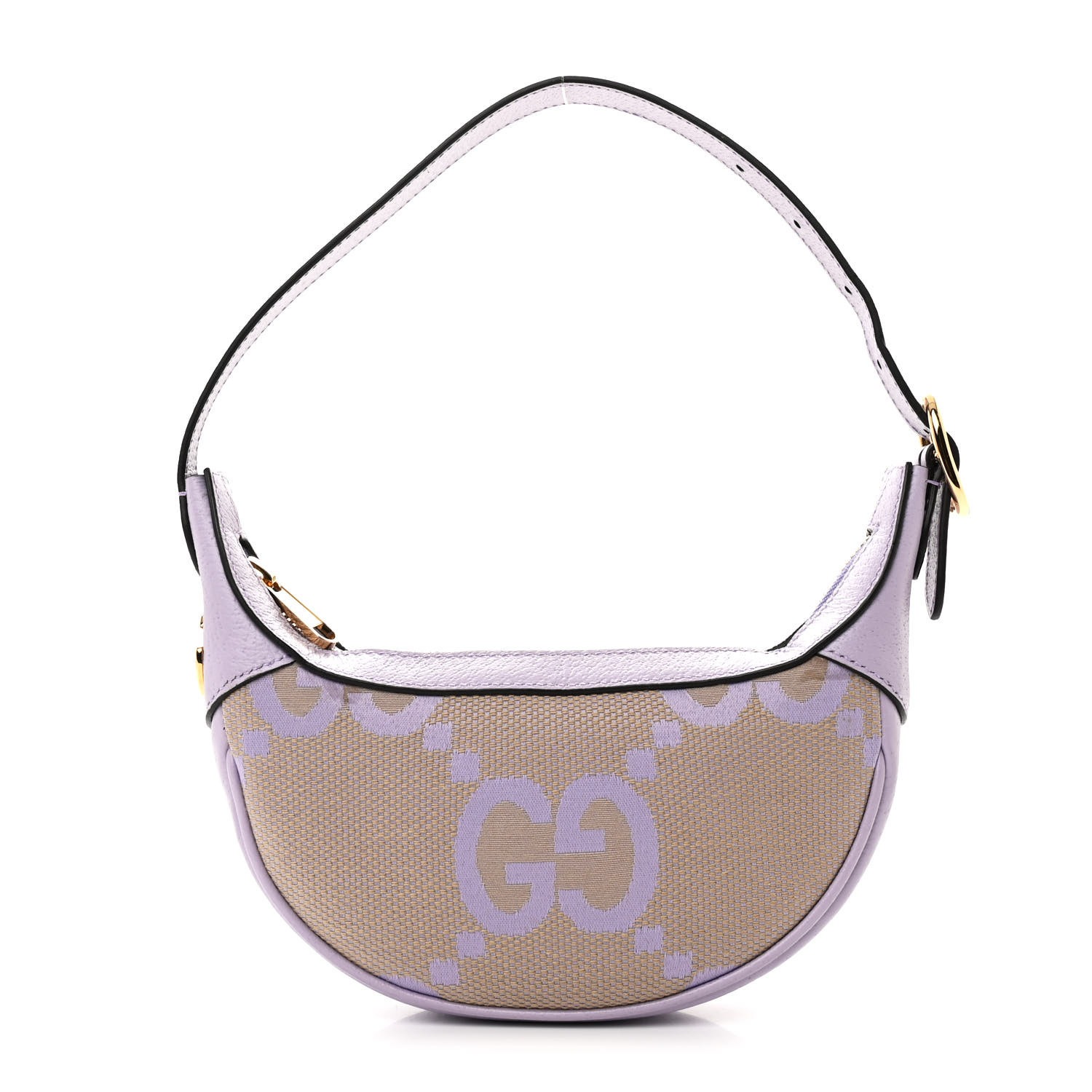 Small half-moon shaped handbag with light purple leather trim and strap, featuring beige fabric with light purple interlocking GG pattern, and gold-tone hardware.