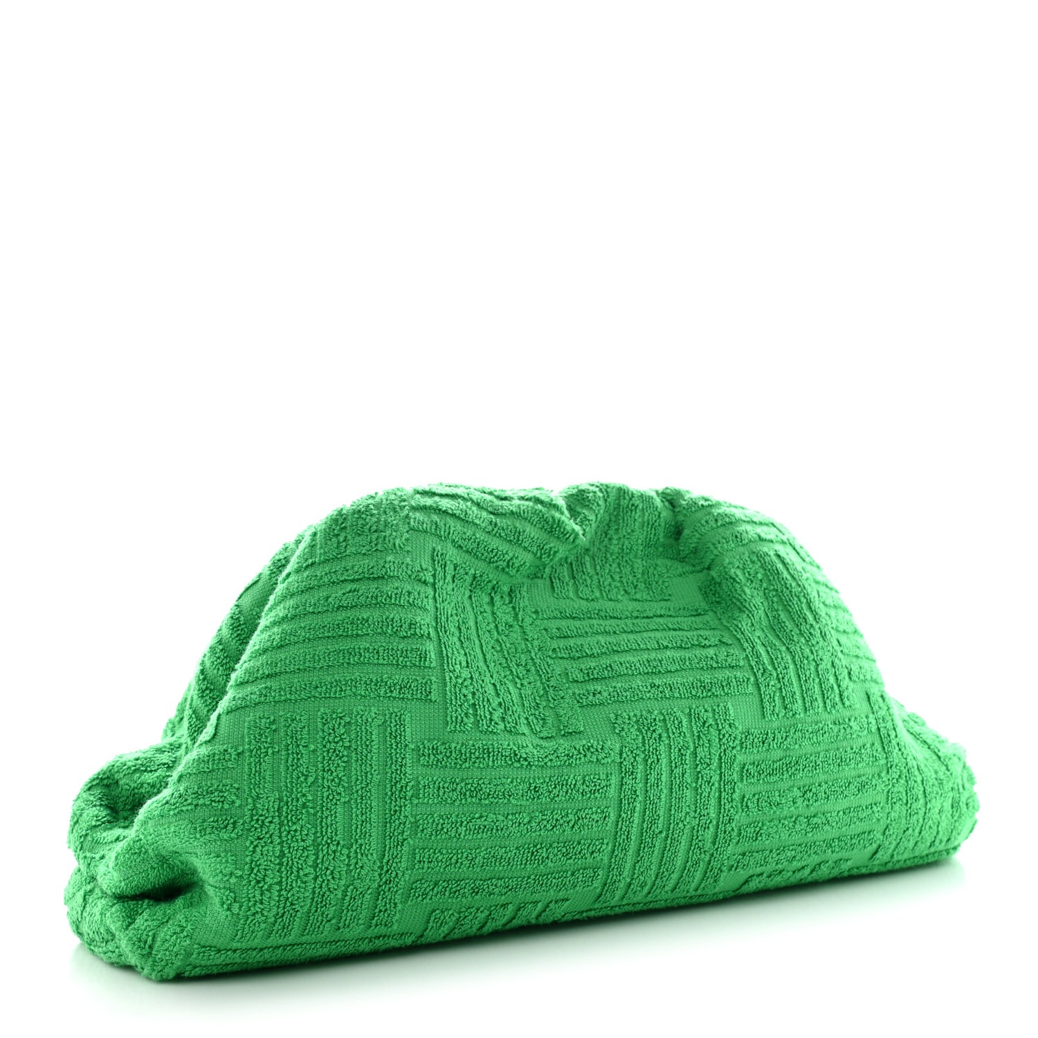 Green textured clutch bag with a soft, fabric surface placed on a white background.