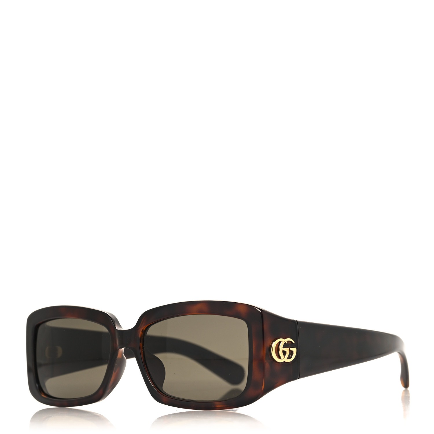 Dark tortoiseshell rectangular sunglasses with dark lenses and gold double-G logo on the temples.