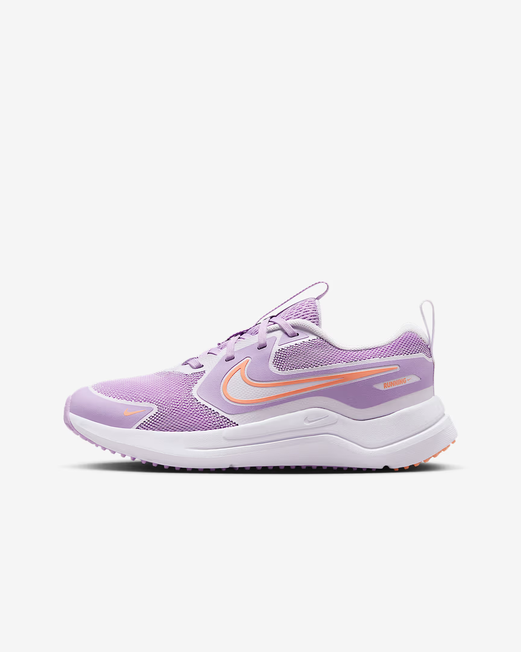 Side view of a purple and lavender Nike running shoe with orange accents and a white sole, displayed against a plain white background.