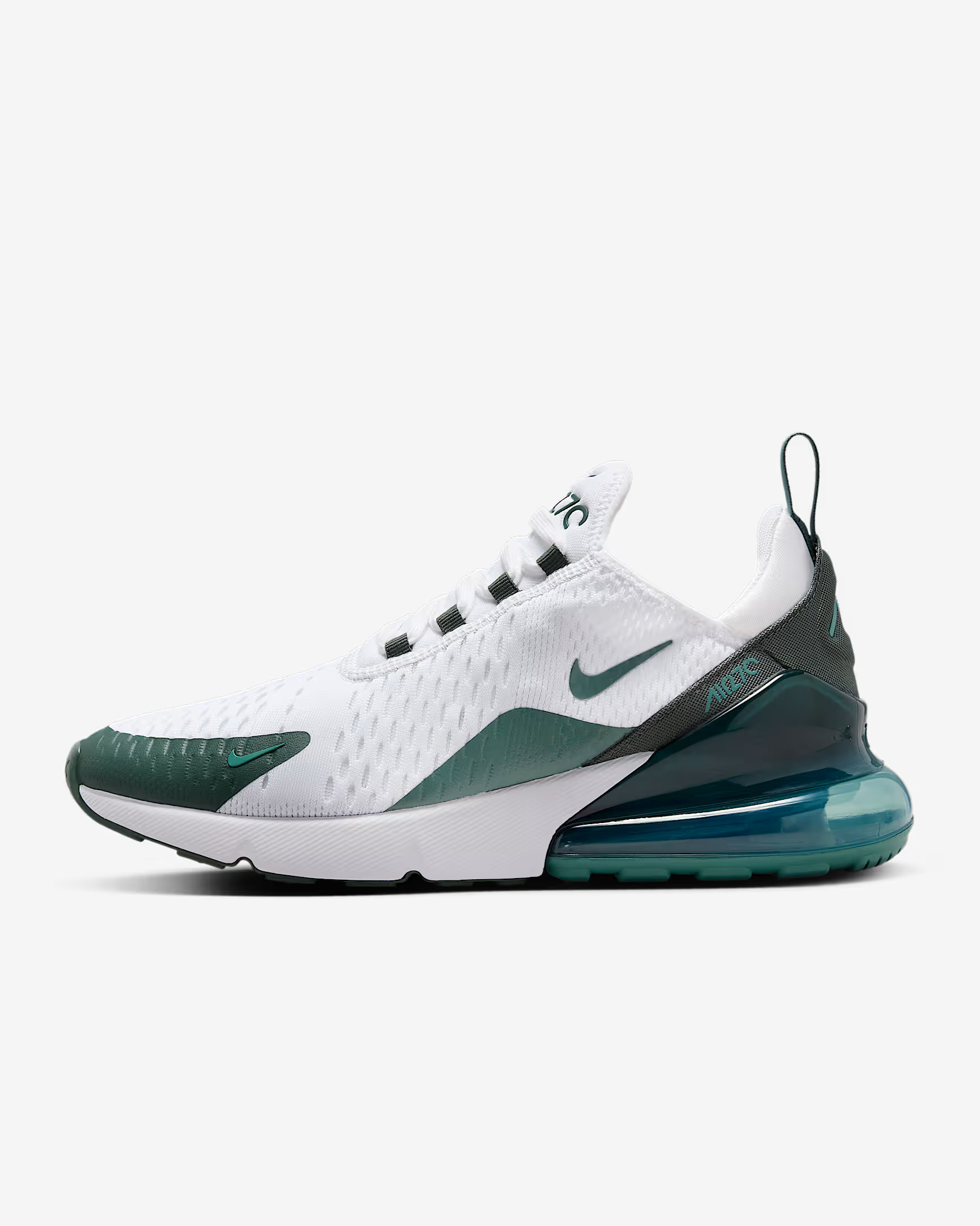 Side view of a white and teal Nike Air Max 270 sneaker with a prominent air cushion in the sole and a breathable mesh upper.