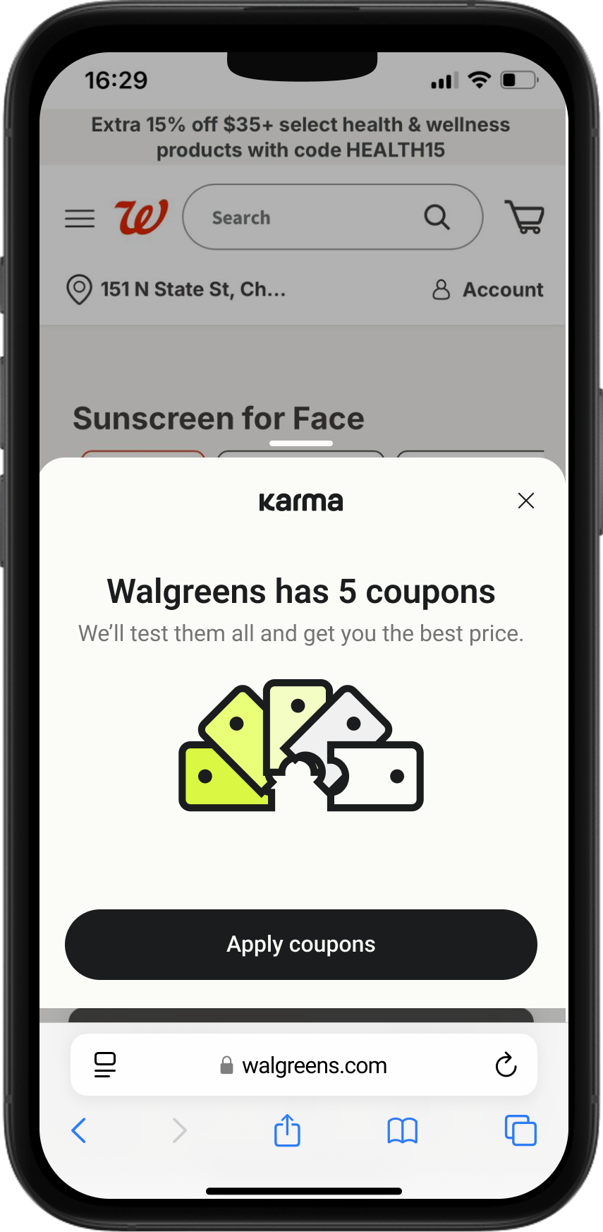 Smartphone screen showing a Walgreens website with a pop-up from Karma indicating Walgreens has 5 coupons and an option to apply coupons, with the website navigation and search bar visible in the background.