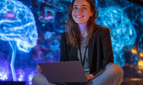 Smiling young woman sitting cross-legged on the floor with a laptop, in front of a large digital display showing illuminated neural network brain graphics in blue tones.