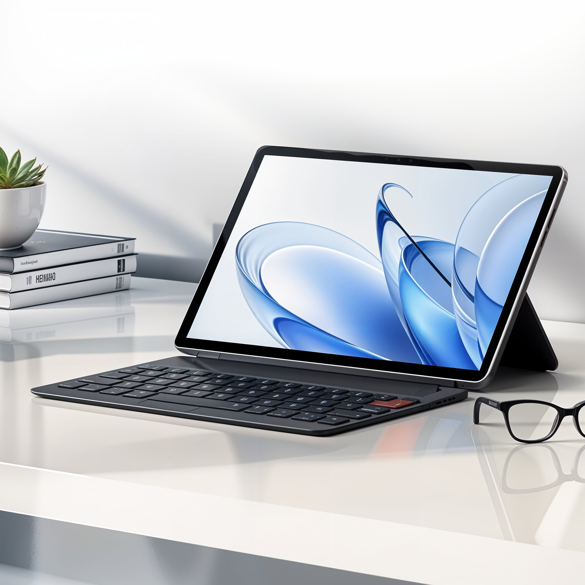 Modern tablet with a black detachable keyboard and a blue abstract wallpaper on its screen, placed on a glossy white desk next to black-rimmed eyeglasses, a small potted succulent, and a stack of books in a bright, minimalist workspace.