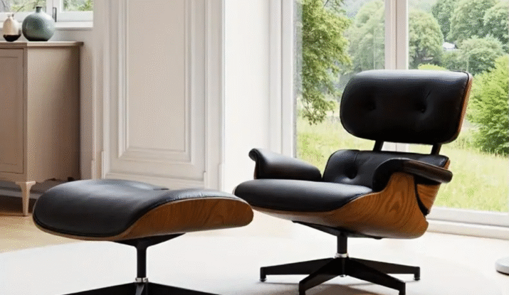 Modern black leather lounge chair with matching ottoman on a round beige carpet in a bright room with large windows and a wooden cabinet with decorative vases nearby