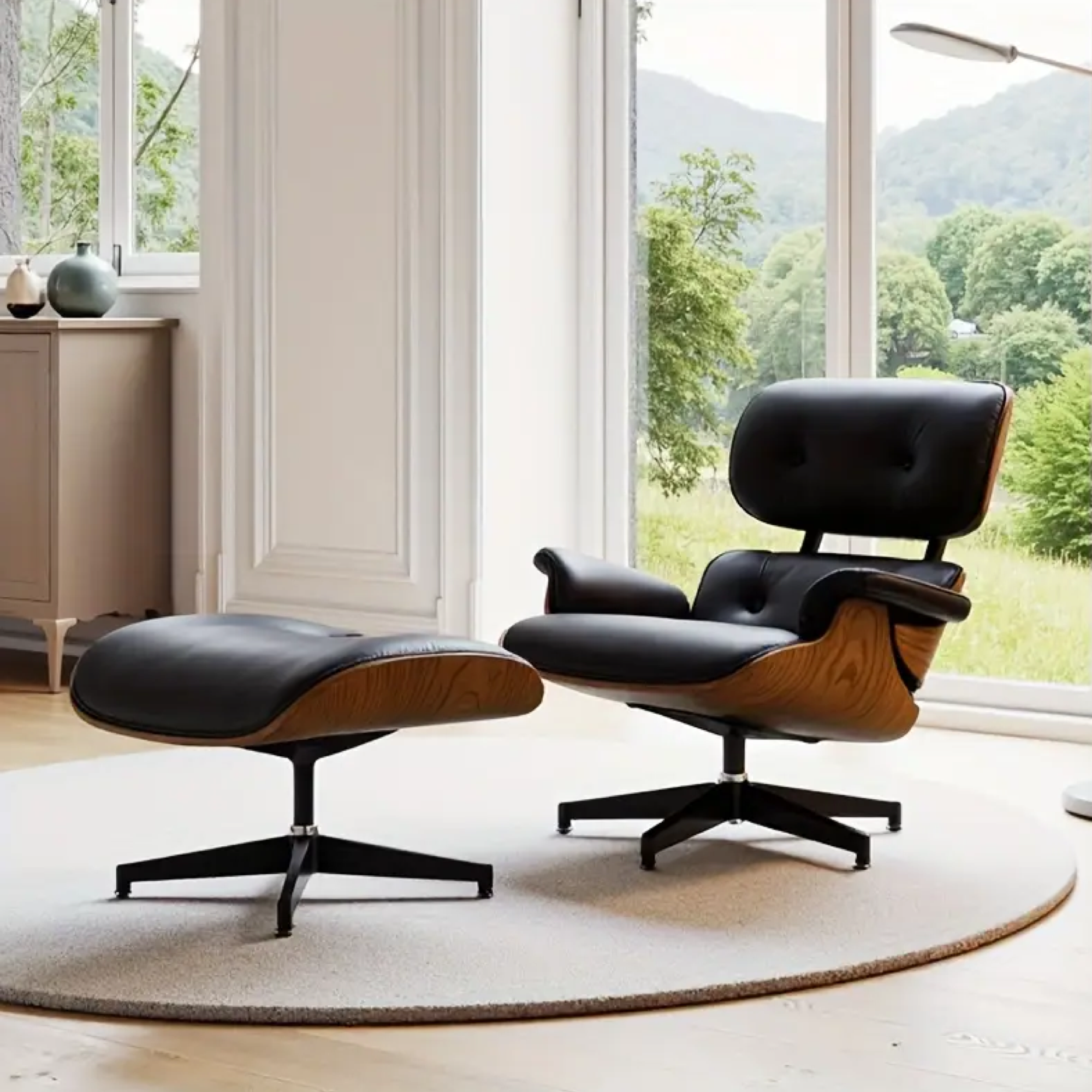 Modern black leather lounge chair with matching ottoman on a round beige carpet in a bright room with large windows and a wooden cabinet with decorative vases nearby