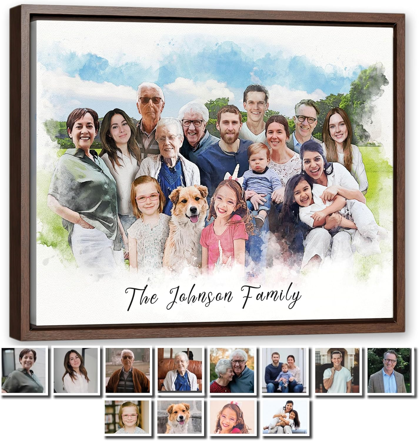 Framed watercolor-style portrait of the Johnson family including three generations, a dog, and children, set against a blue sky and green landscape background with the text The Johnson Family below.