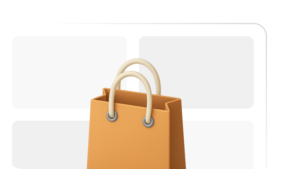 Close-up of a brown paper shopping bag with beige handles in front of a blurred digital interface with rectangular sections.