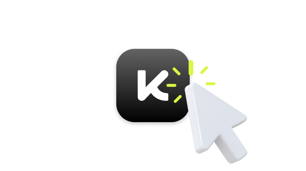 White arrow cursor clicking on a black rounded square icon with a white stylized letter K and yellow-green click effect marks