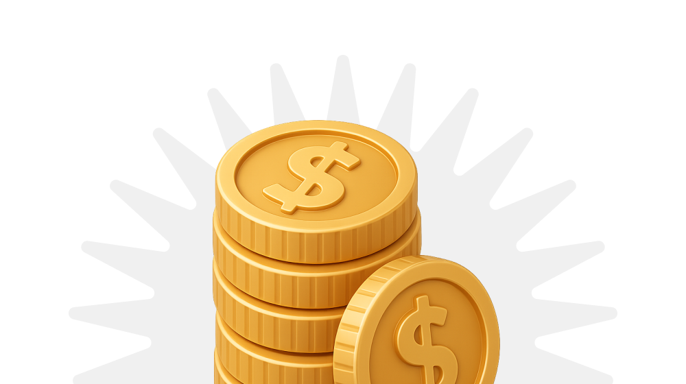 Stack of gold coins with dollar signs on a white background with starburst pattern