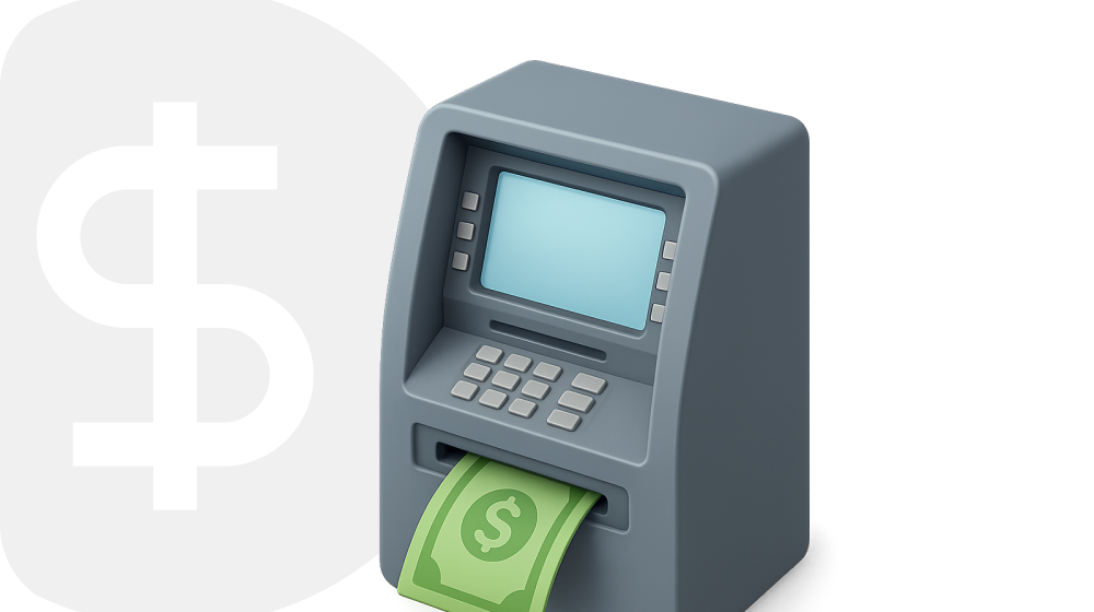 Gray ATM machine dispensing green dollar bills with a large dollar sign in the background on the left side of the image