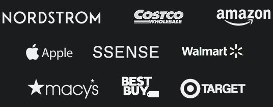 Logos of various retailers including Nordstrom, Costco Wholesale, Amazon, Apple, SSENSE, Walmart, Macy's, Best Buy, and Target arranged in a grid on a black background.