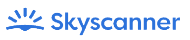 Skyscanner logo in blue featuring a stylized sun rising above a horizon line.