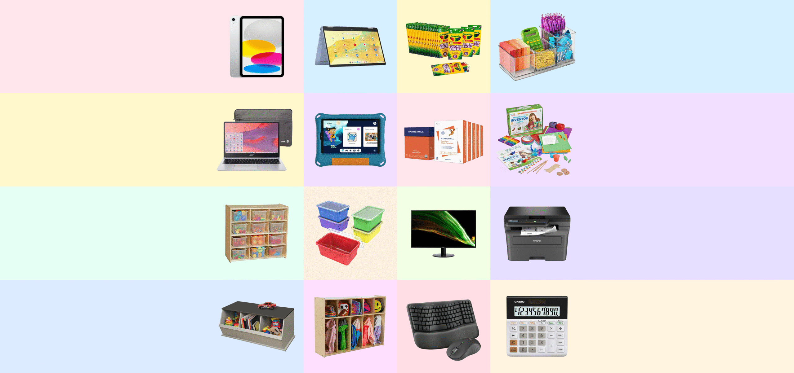 Grid of sixteen school and office supplies including tablets, colored pencils, organizing bins, laptops, educational kits, storage drawers, computer monitor and keyboard, printer, bookshelves with toys, and calculators arranged in four rows and columns on colorful backgrounds.