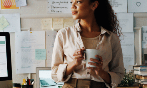 Young woman with curly hair holding a mug, standing and looking to the side in a workspace with a laptop, computer monitor, pens, books, and a wall covered with pinned papers and notes behind her.
