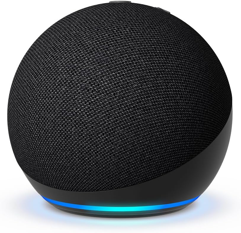 Black spherical smart speaker with a fabric mesh top and a glowing blue light ring at the base