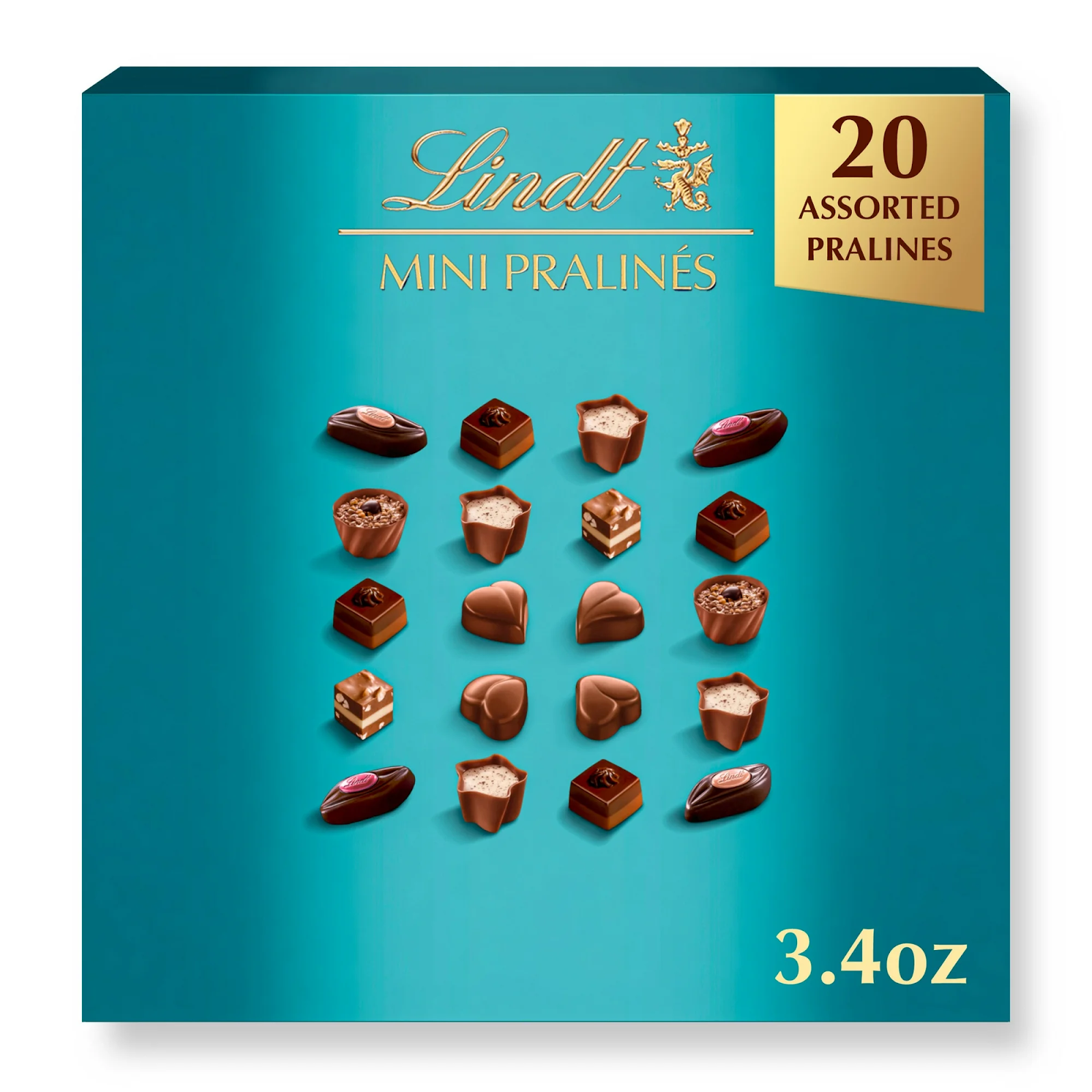 Box of Lindt Mini Pralinés chocolates featuring 20 assorted pralines displayed on a turquoise background with gold text, weighing 3.4 ounces.