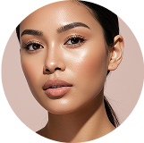 Close-up portrait of a woman with smooth skin, natural makeup, and dark hair pulled back against a soft beige background