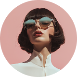 Stylish person with short dark bob haircut and round sunglasses against a pink background